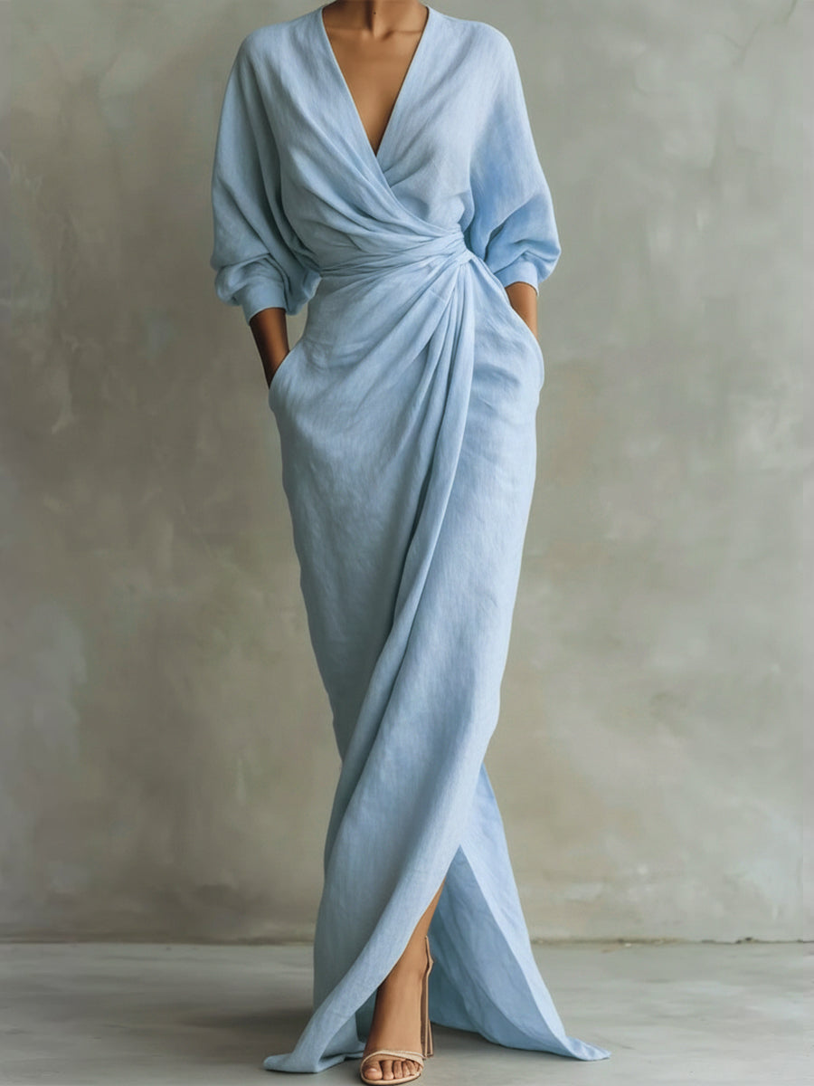Elegantes Freizeitkleid mit V-Ausschnitt aus atmungsaktivem Stoff