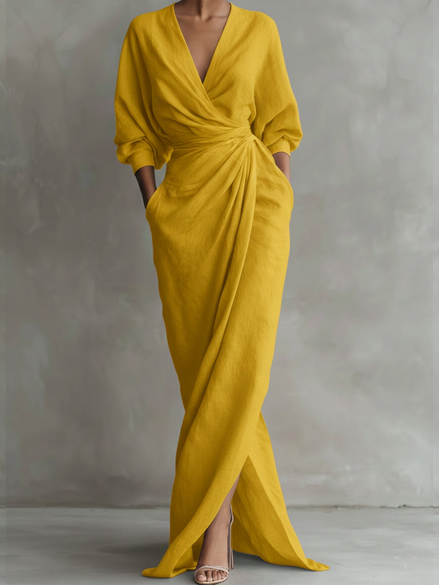 Elegantes Freizeitkleid mit V-Ausschnitt aus atmungsaktivem Stoff