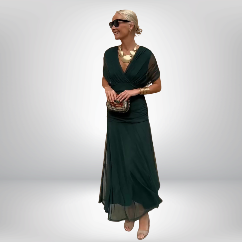 Elegantes Maxikleid mit V-Ausschnitt und Taillenfalten