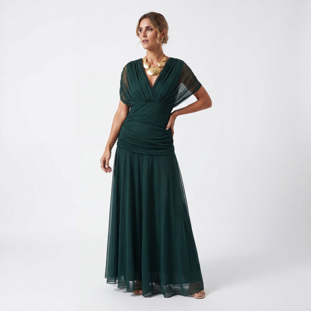 Elegantes Maxikleid mit V-Ausschnitt und Taillenfalten
