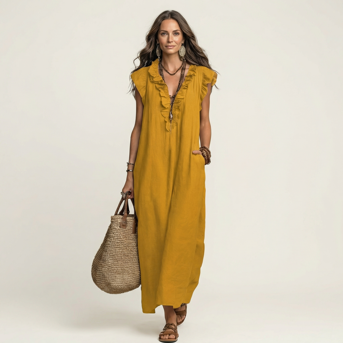 Elegantes Midikleid mit Rüschen und lockerer Passform