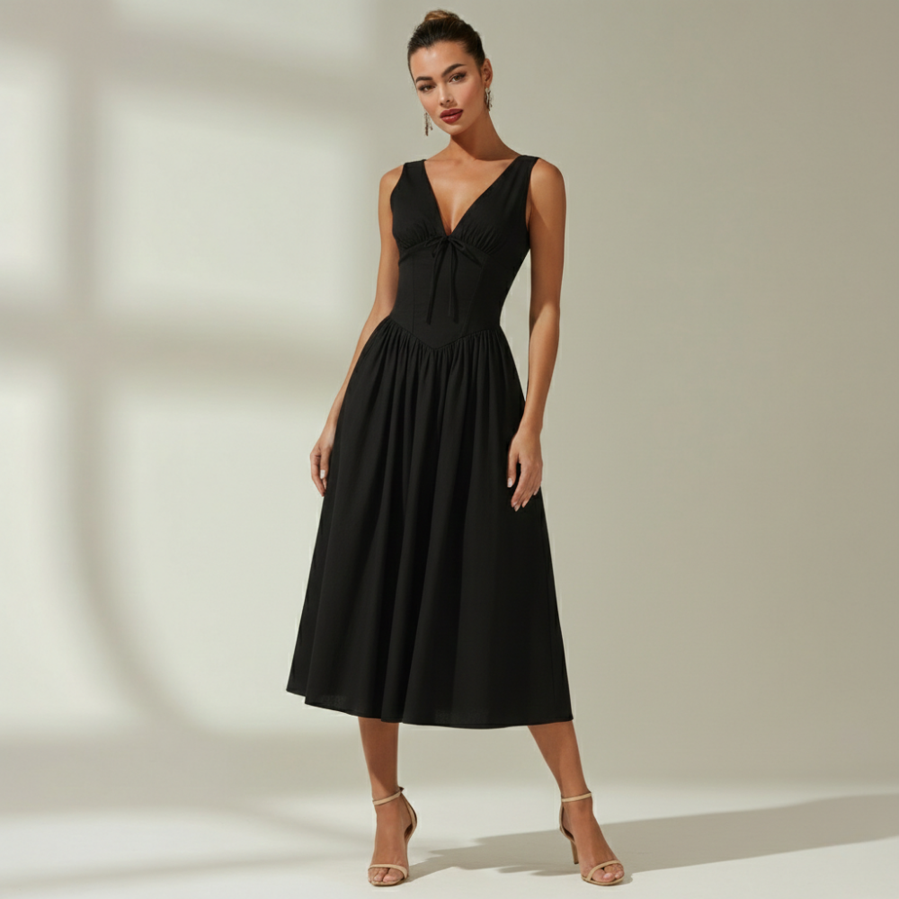 Stilvolles Midikleid mit tiefem V-Ausschnitt und ausgestelltem Rock