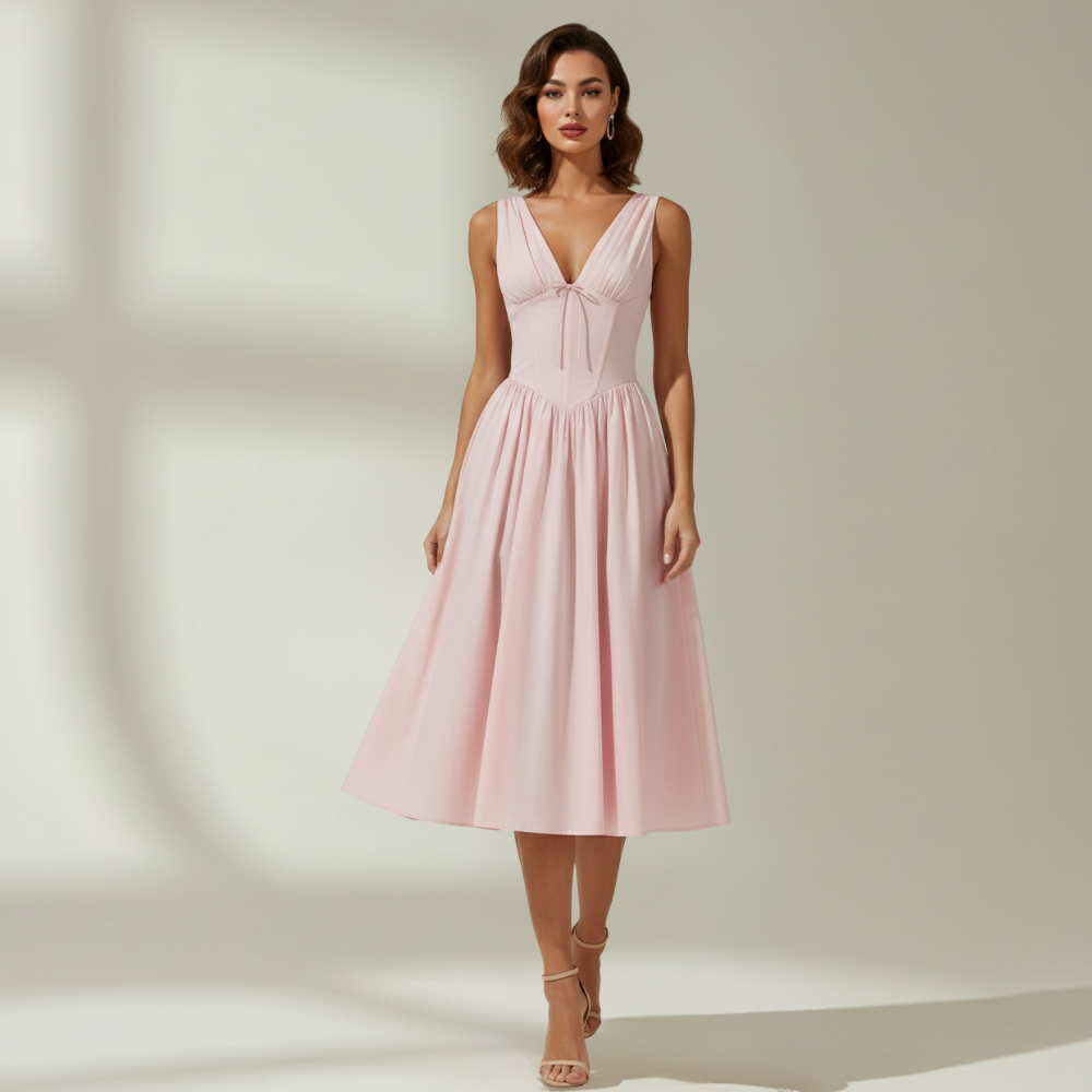 Stilvolles Midikleid mit tiefem V-Ausschnitt und ausgestelltem Rock