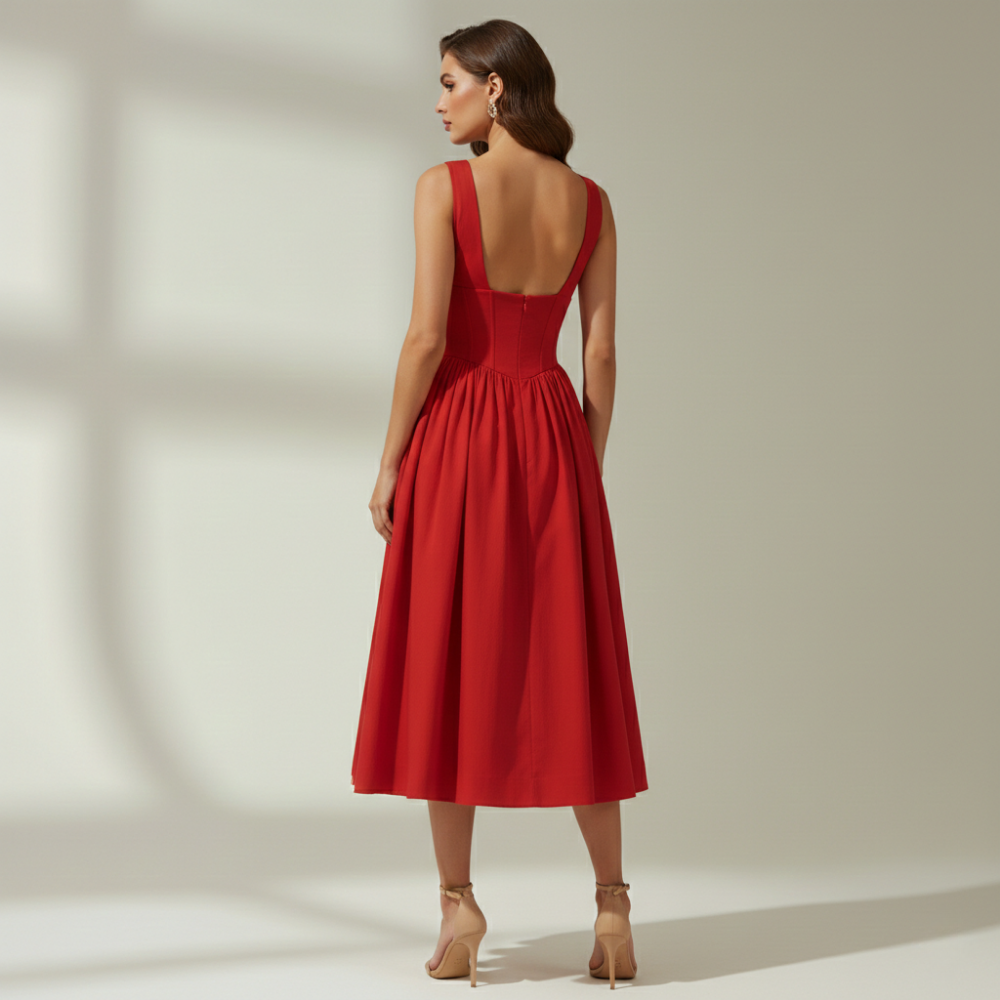 Stilvolles Midikleid mit tiefem V-Ausschnitt und ausgestelltem Rock