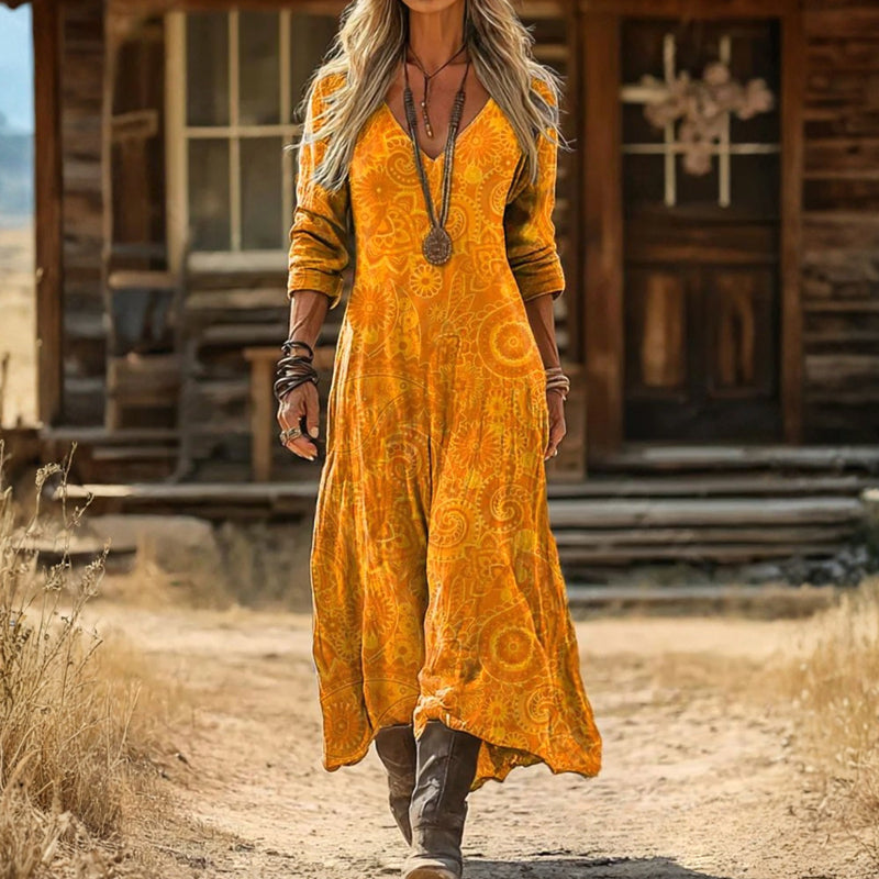 Elegantes Vintage-Kleid mit Blumendruck und V-Ausschnitt