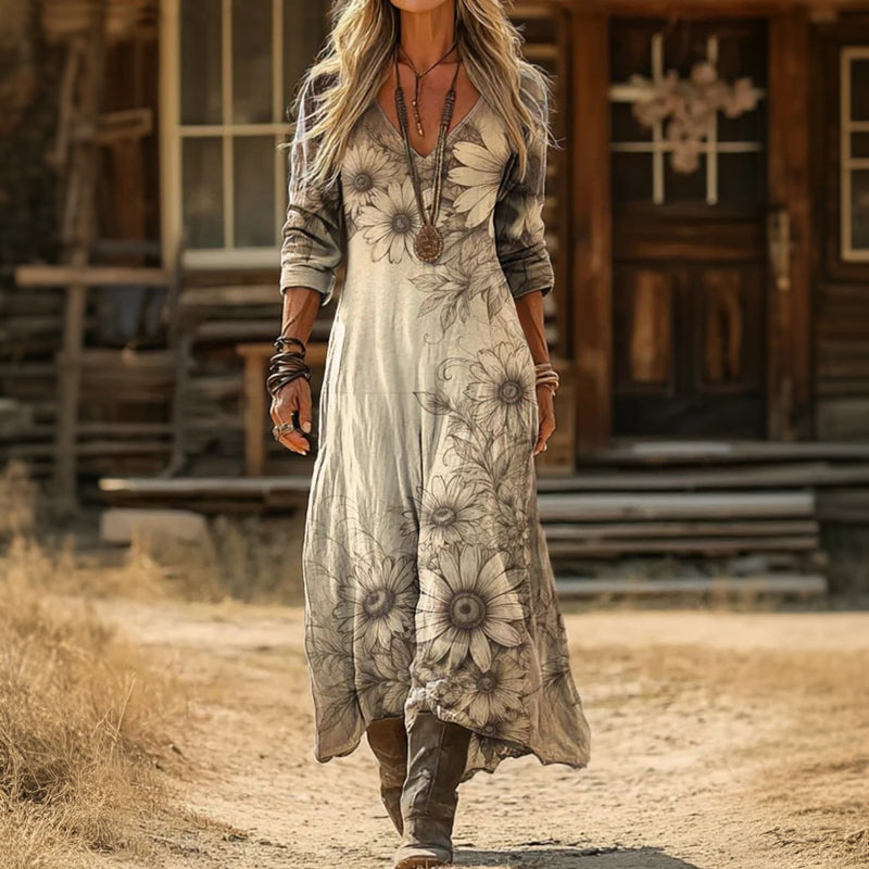 Elegantes Vintage-Kleid mit Blumendruck und V-Ausschnitt
