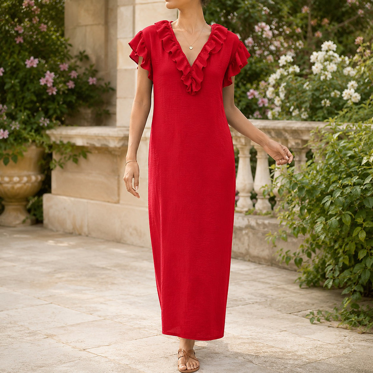 Women's Ruffle V-Neck Maxi Dress