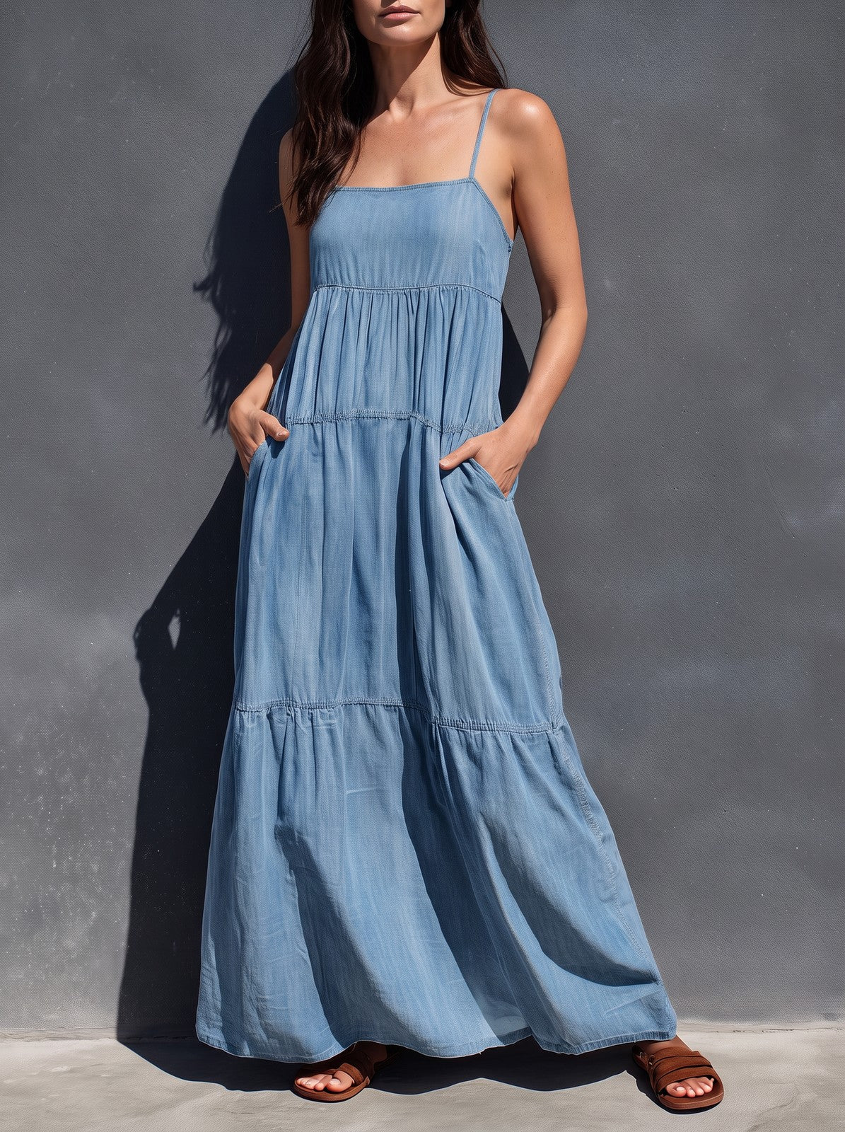 Women's Denim Tiered Maxi Dress