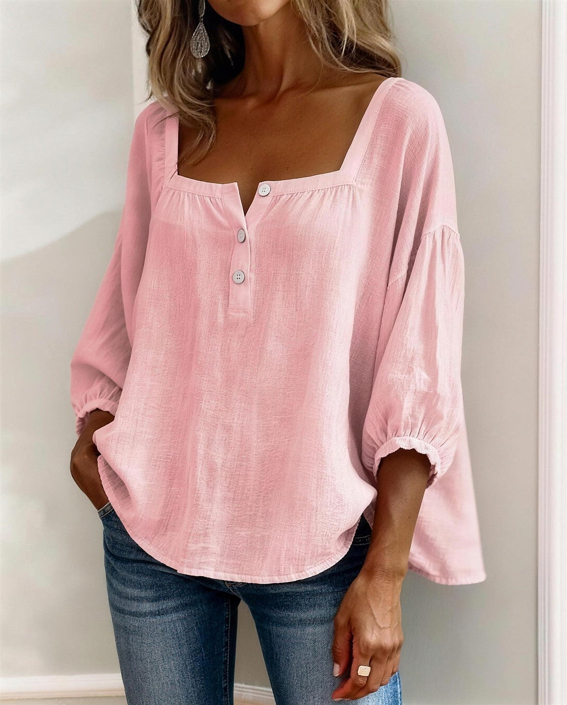 Women's Square Neck Button Up Blouse