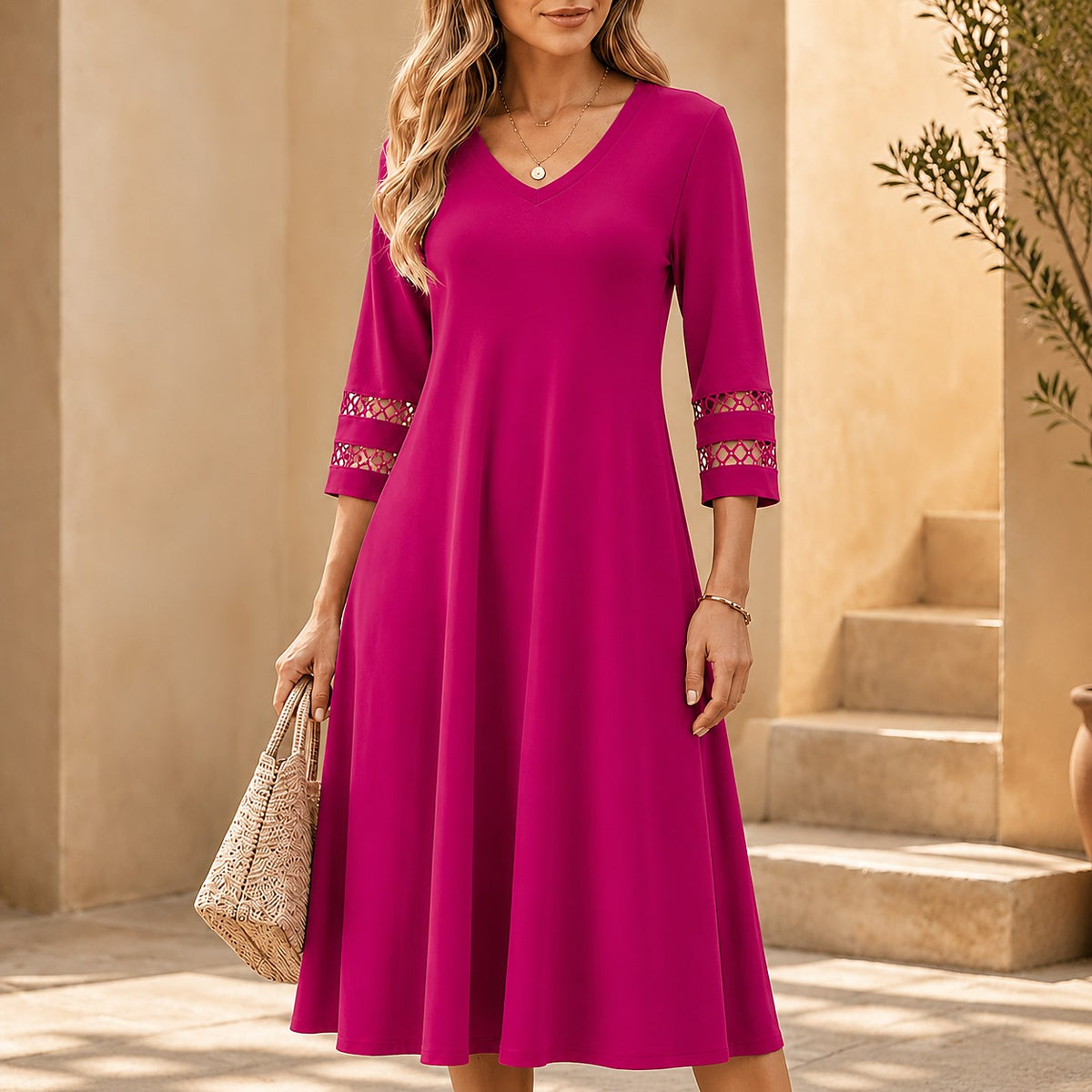 Women's V-Neck Midi Dress with Pockets