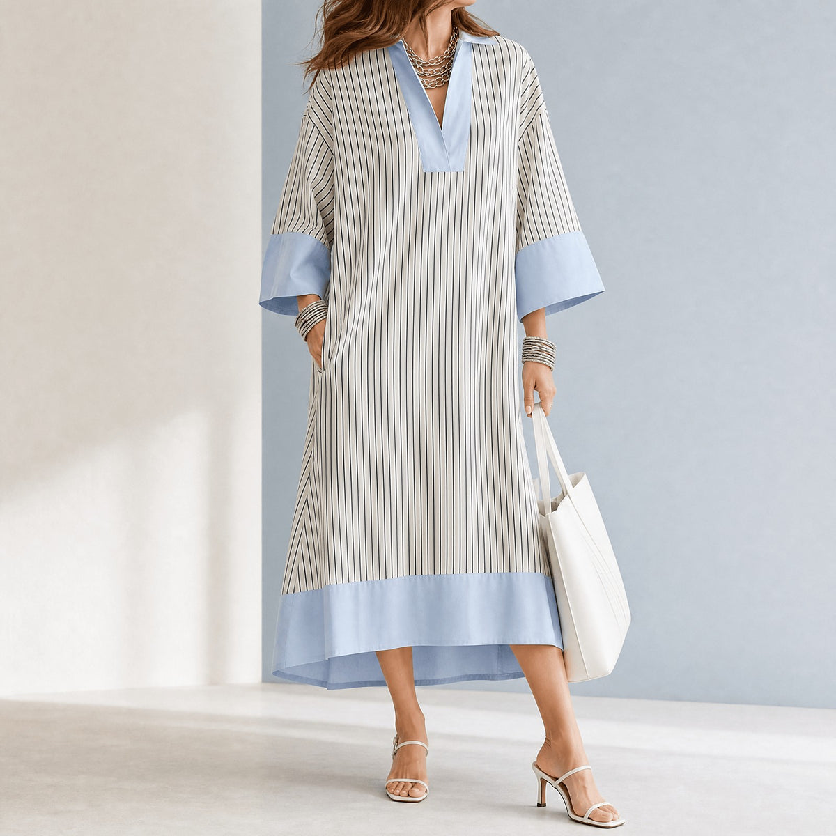 Women's Striped Midi Kaftan Dress