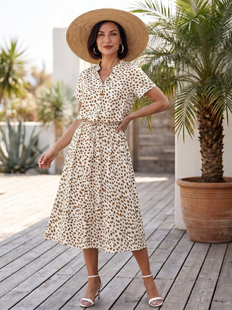 Women's Spot Print Button Front Midi Dress