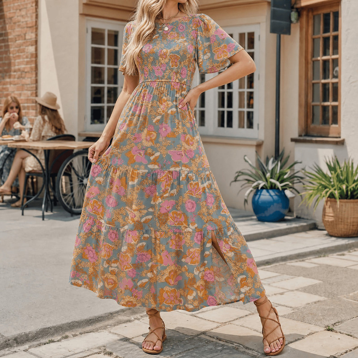 Women's Smocked Floral Maxi Dress