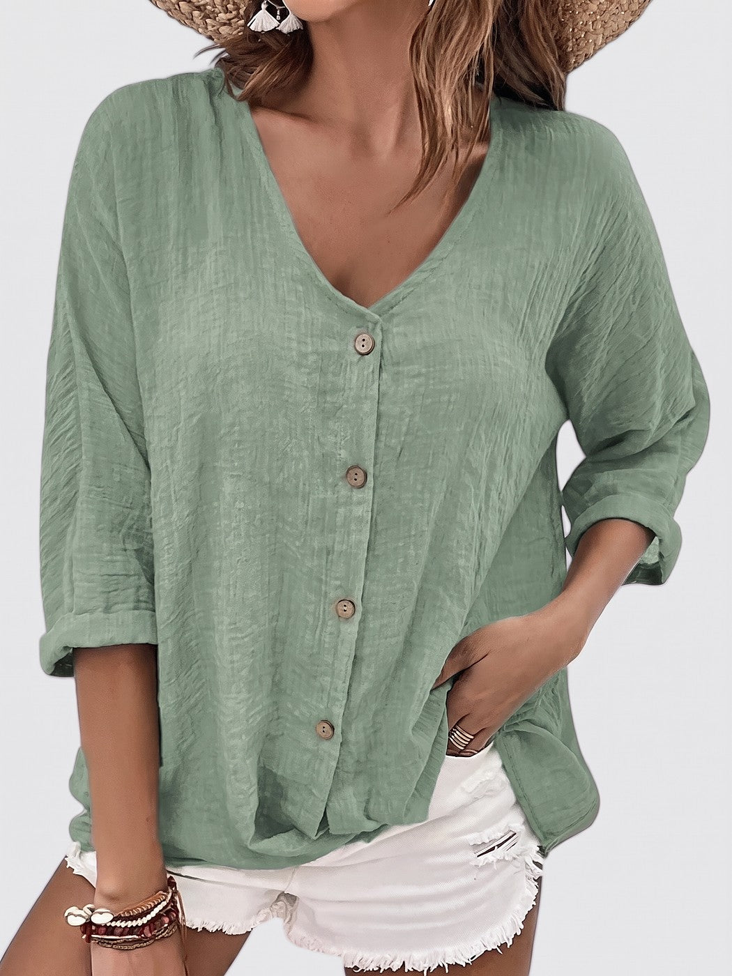 Women's V Neck Button Up Blouse