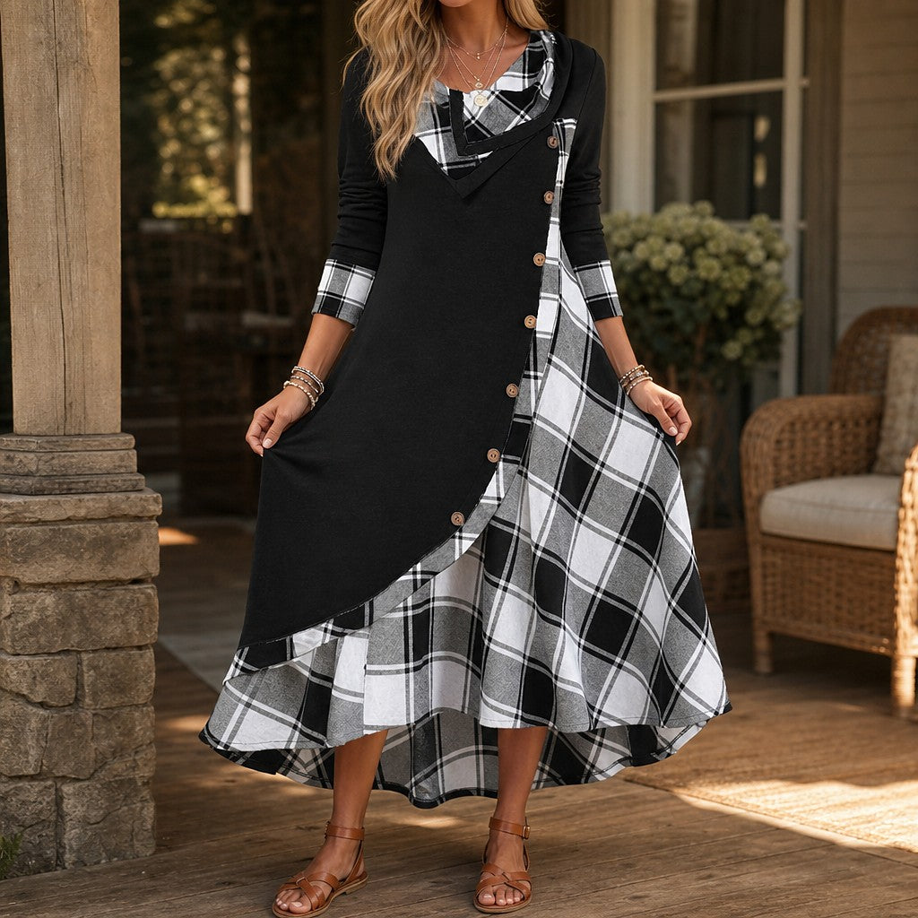 Women's Plaid Cowl Neck Midi Dress