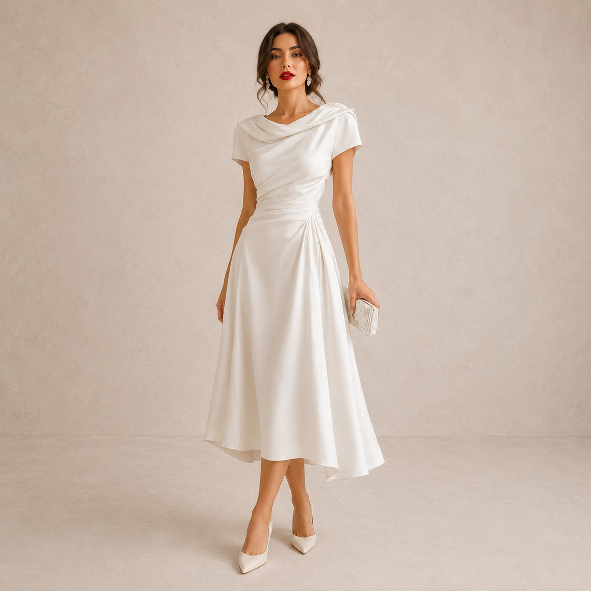 Women's Cowl Neck Draped Satin Midi Dress