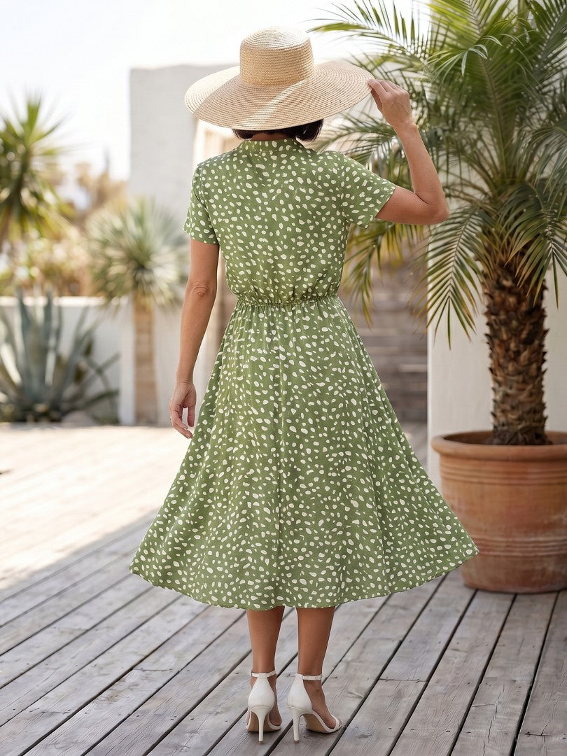 Women's Spot Print Button Front Midi Dress
