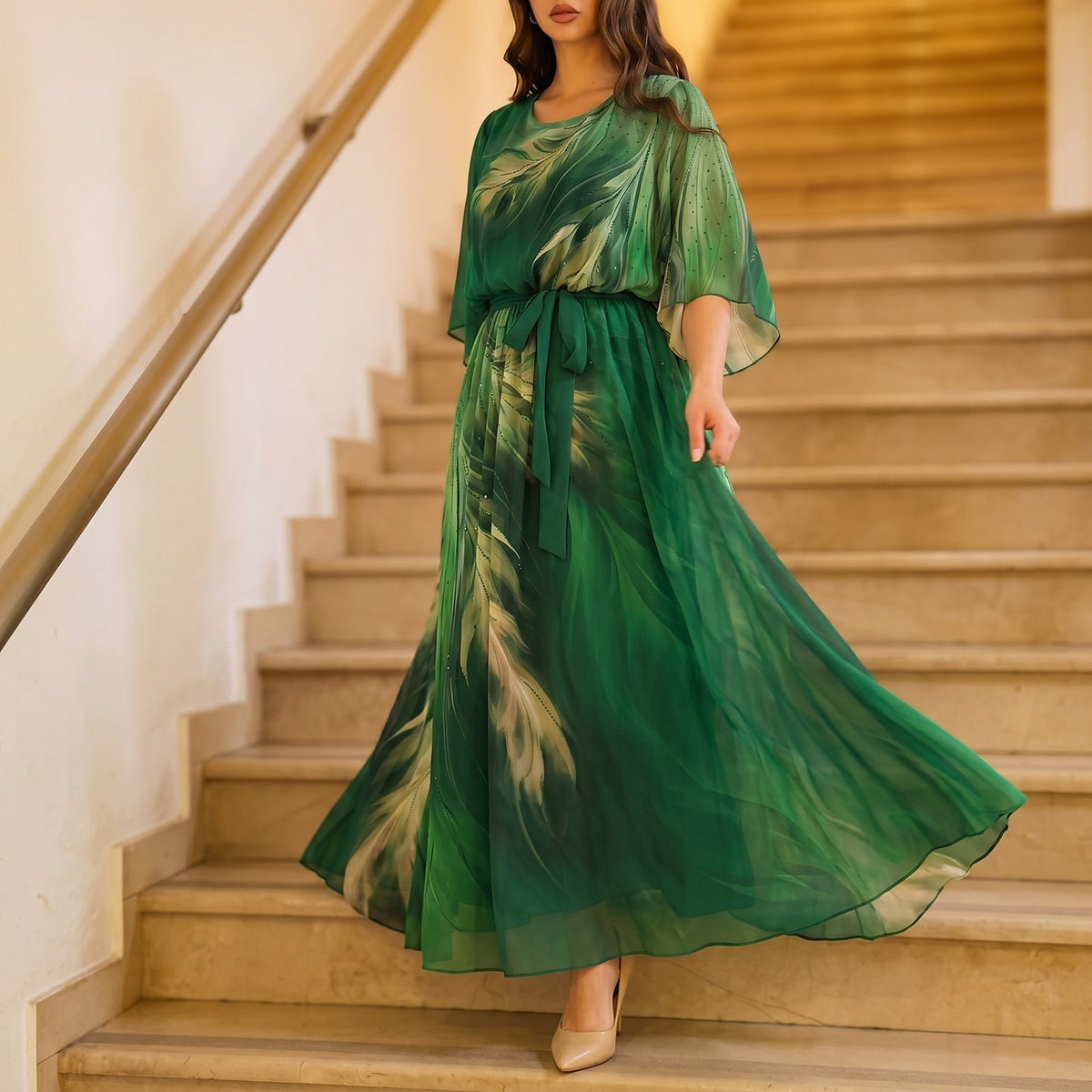 Women's Tie Waist Chiffon Maxi Dress
