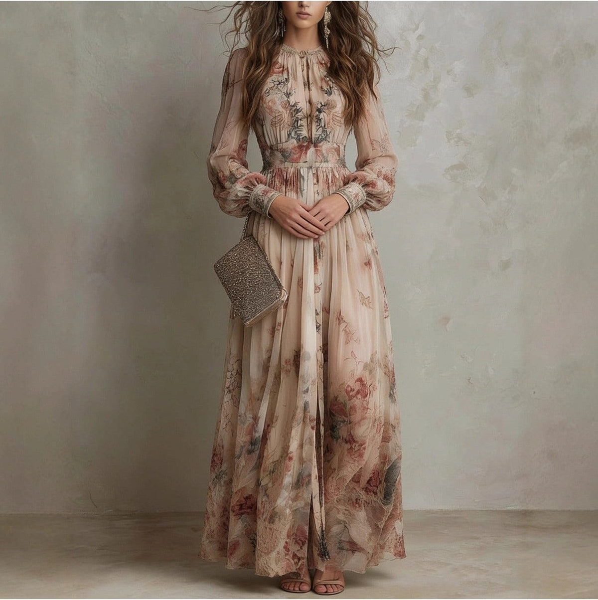 Women's Vintage Neckline Smocked Floral Evening Dress