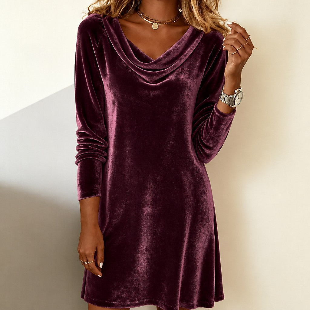 Women's Cowl Neck Long Sleeve Velvet Dress