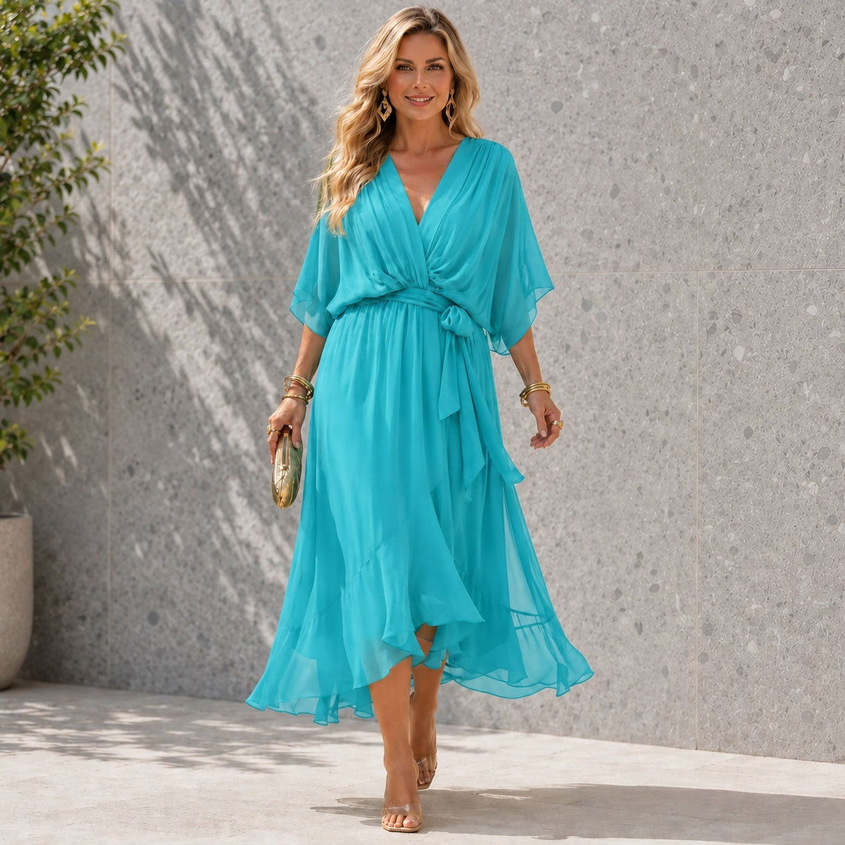 Women's V Neck Wedding Guest Maxi Dress