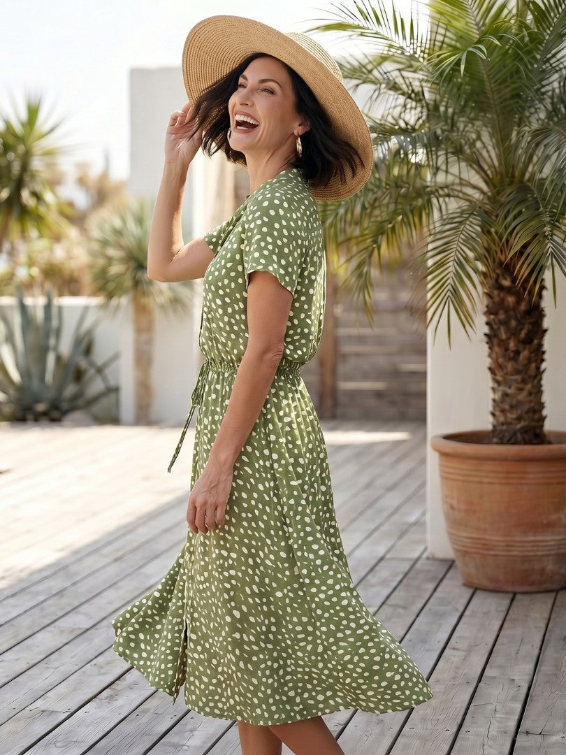 Women's Spot Print Button Front Midi Dress