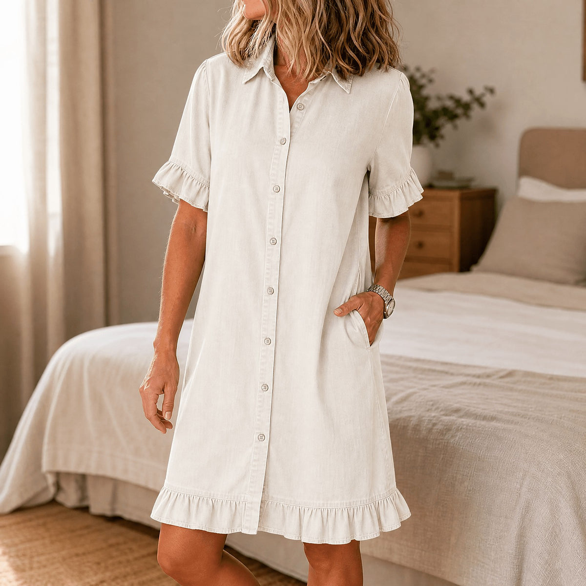 Women's Ruffle Hem Button Front Shirt Dress