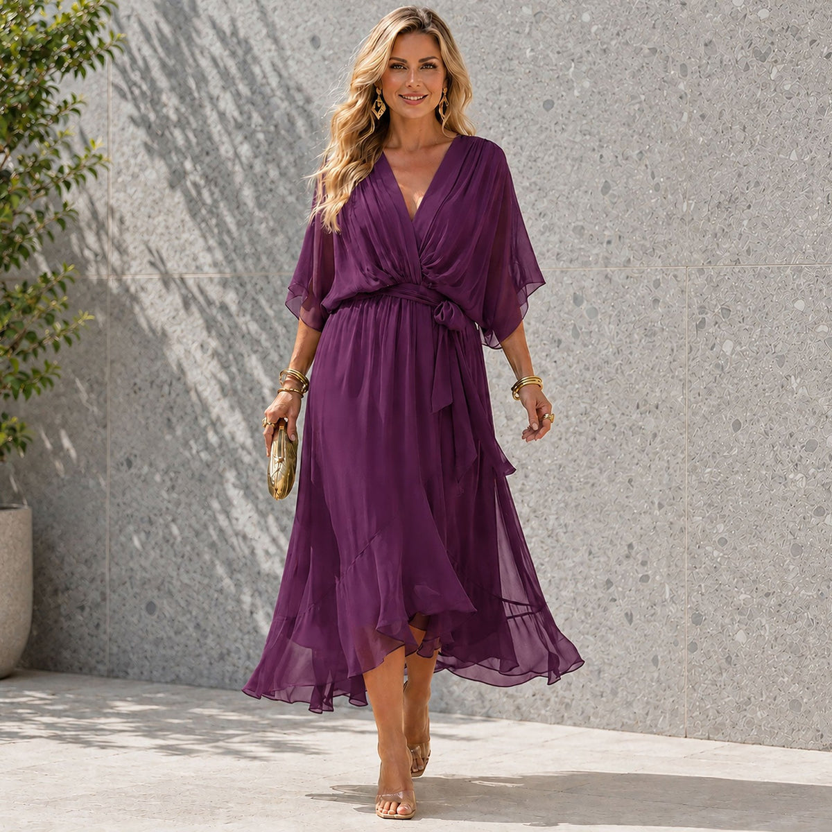 Women's V Neck Wedding Guest Maxi Dress