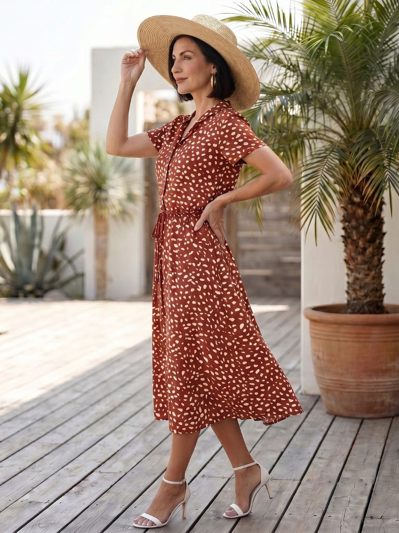 Women's Spot Print Button Front Midi Dress