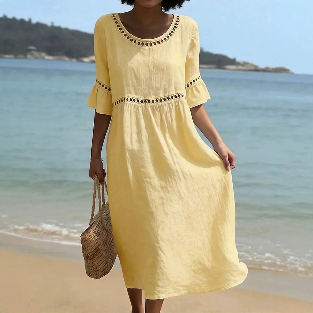 Women's Crochet Trim Flared Sleeve Midi Dress
