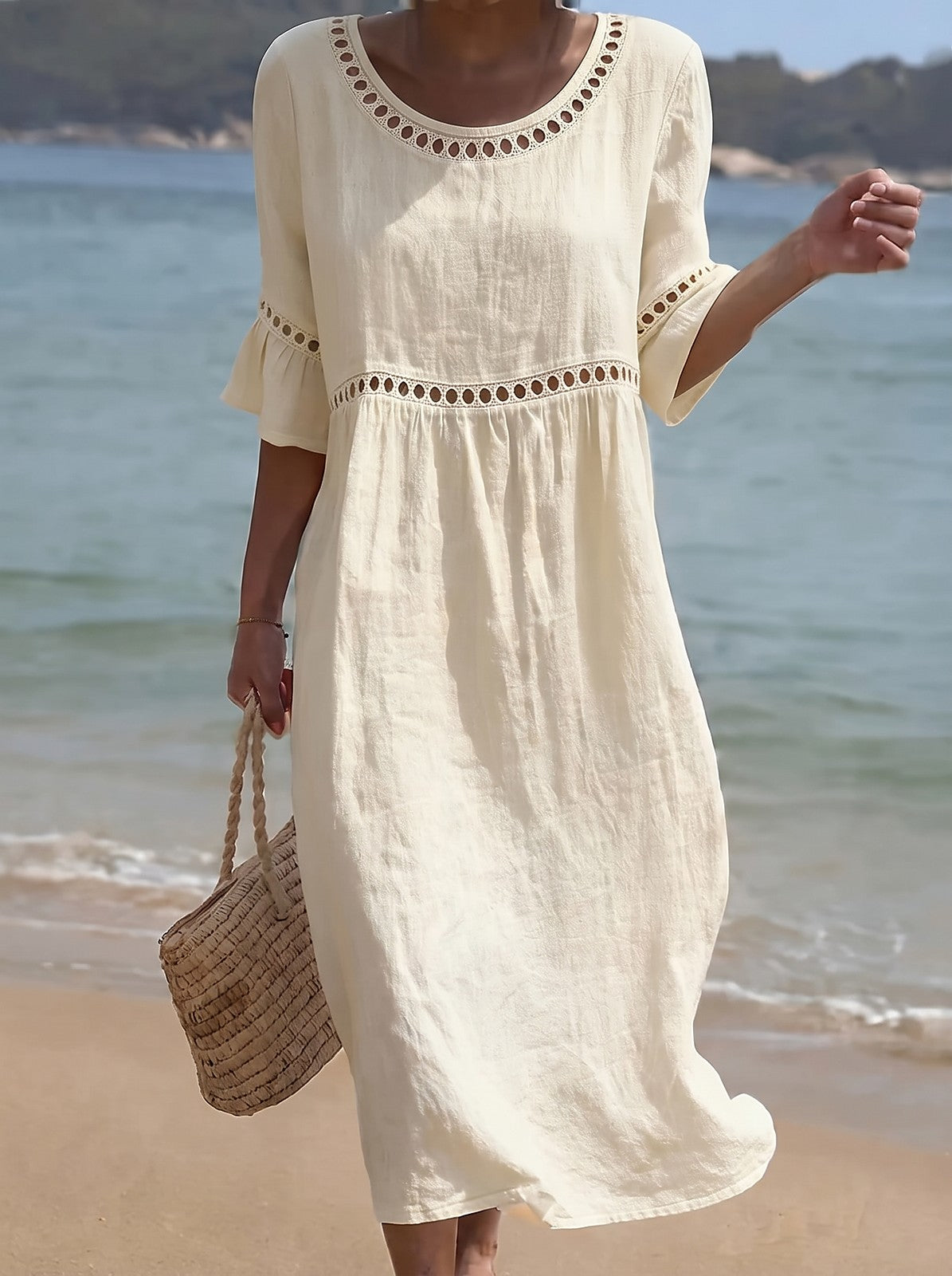 Women's Crochet Trim Flared Sleeve Midi Dress