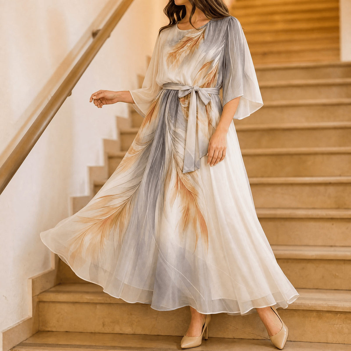 Women's Tie Waist Chiffon Maxi Dress
