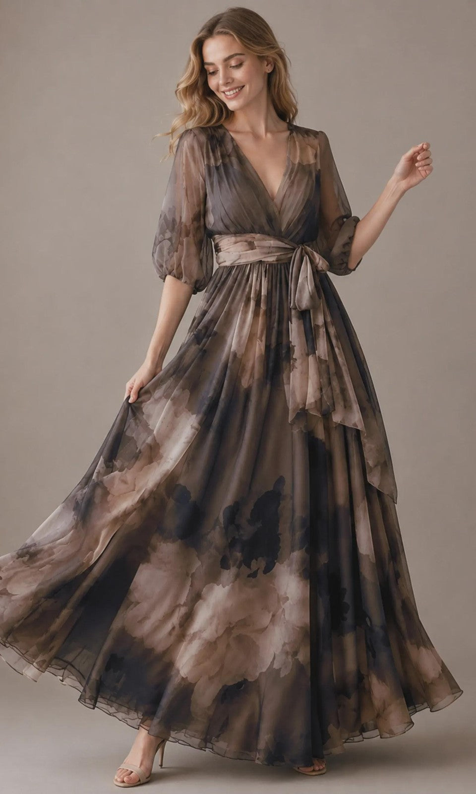 Women's Vintage Neckline Floral Wrap Evening Dress