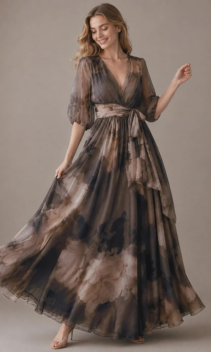 Women's Vintage Neckline Floral Wrap Evening Dress