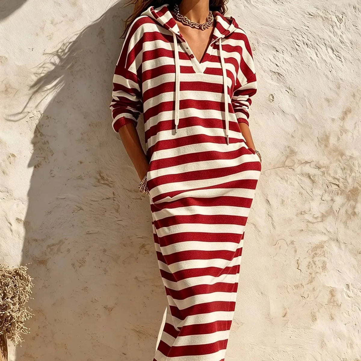 Women's Striped Hooded Maxi Dress