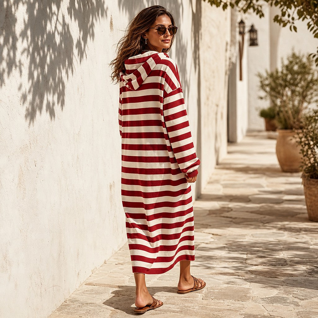Women's Striped Hooded Maxi Dress