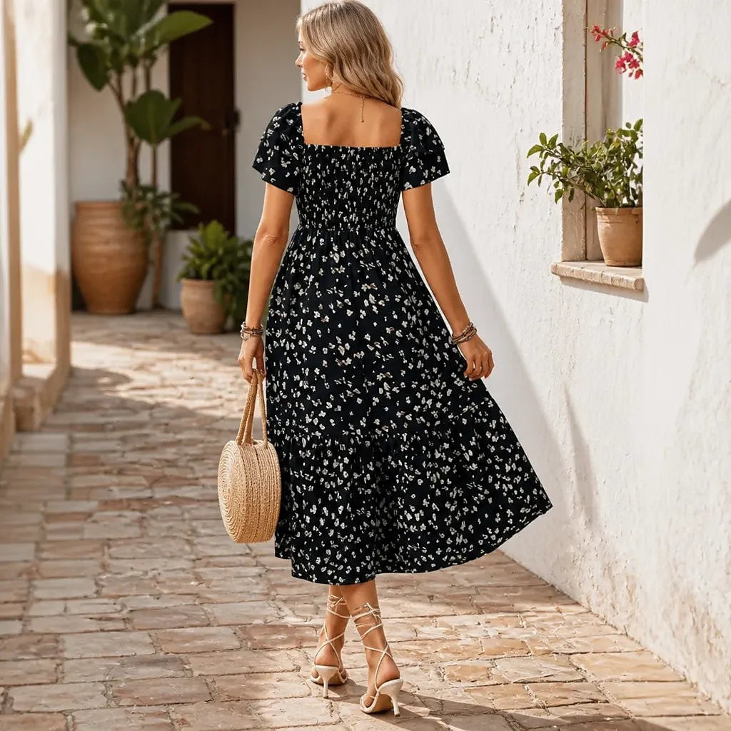 Women's Floral Smocked Square Neck Midi Dress