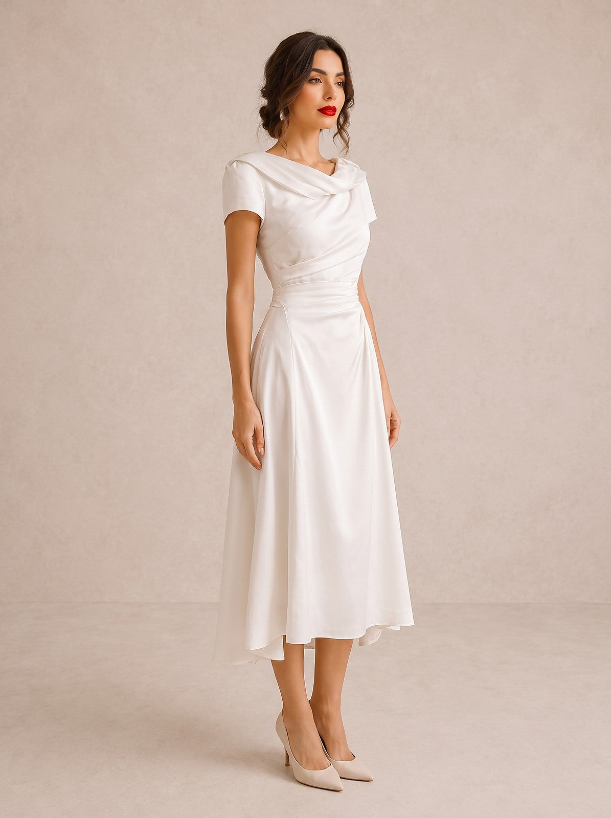 Women's Cowl Neck Draped Satin Midi Dress