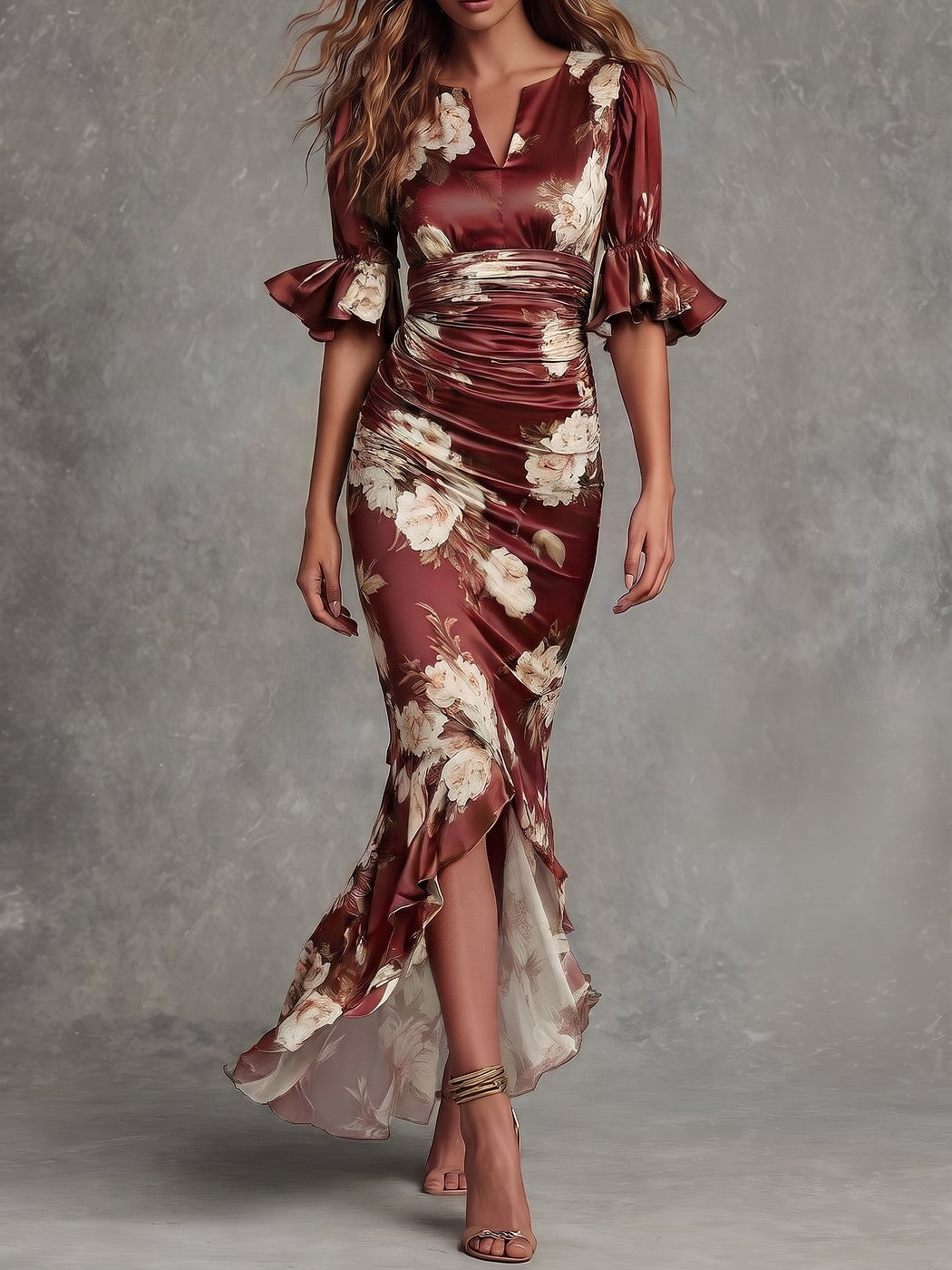 Women's Floral Satin Puff Sleeve Maxi Dress