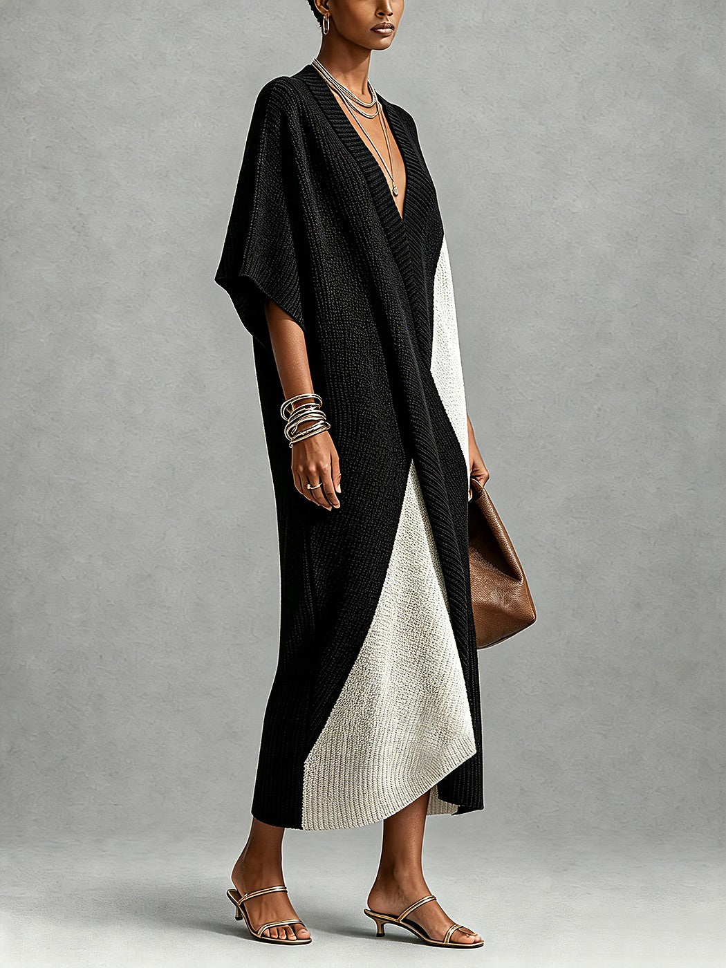 Women's V Neck Knit Midi Dress