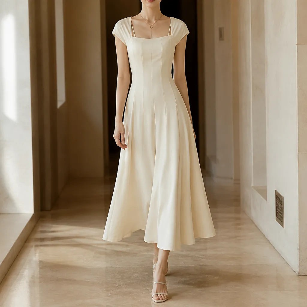 Women's Square Neck Cap Sleeve Midi Dress
