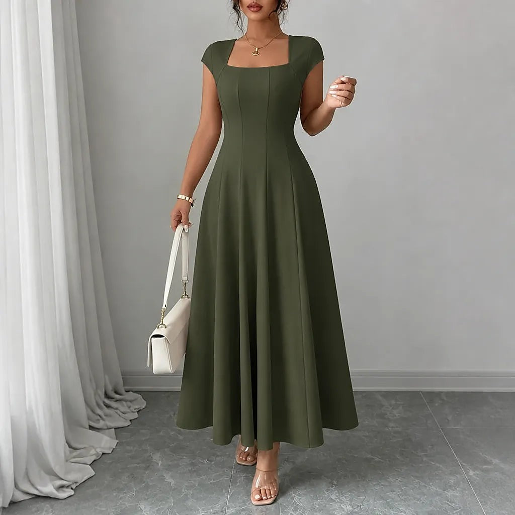 Women's Square Neck Cap Sleeve Midi Dress