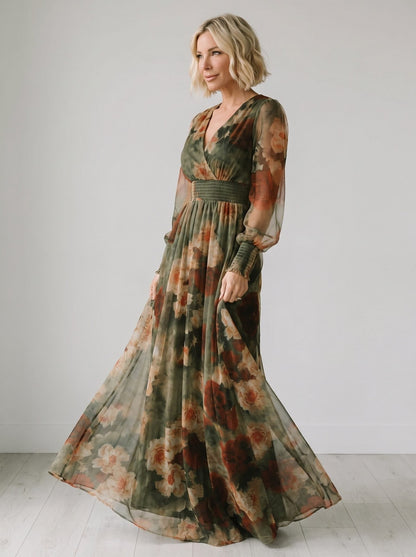 Women's Vintage Neckline Floral Tulle Evening Dress