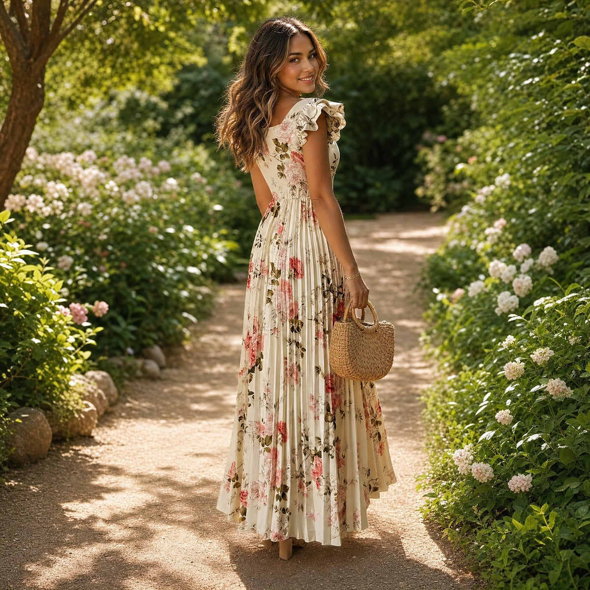 Women's Square Neck Pleated Maxi Dress