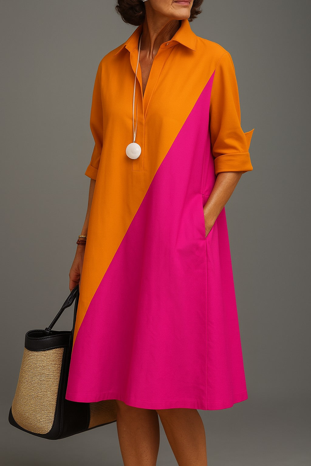 Women's Colour Block Midi Shirt Dress