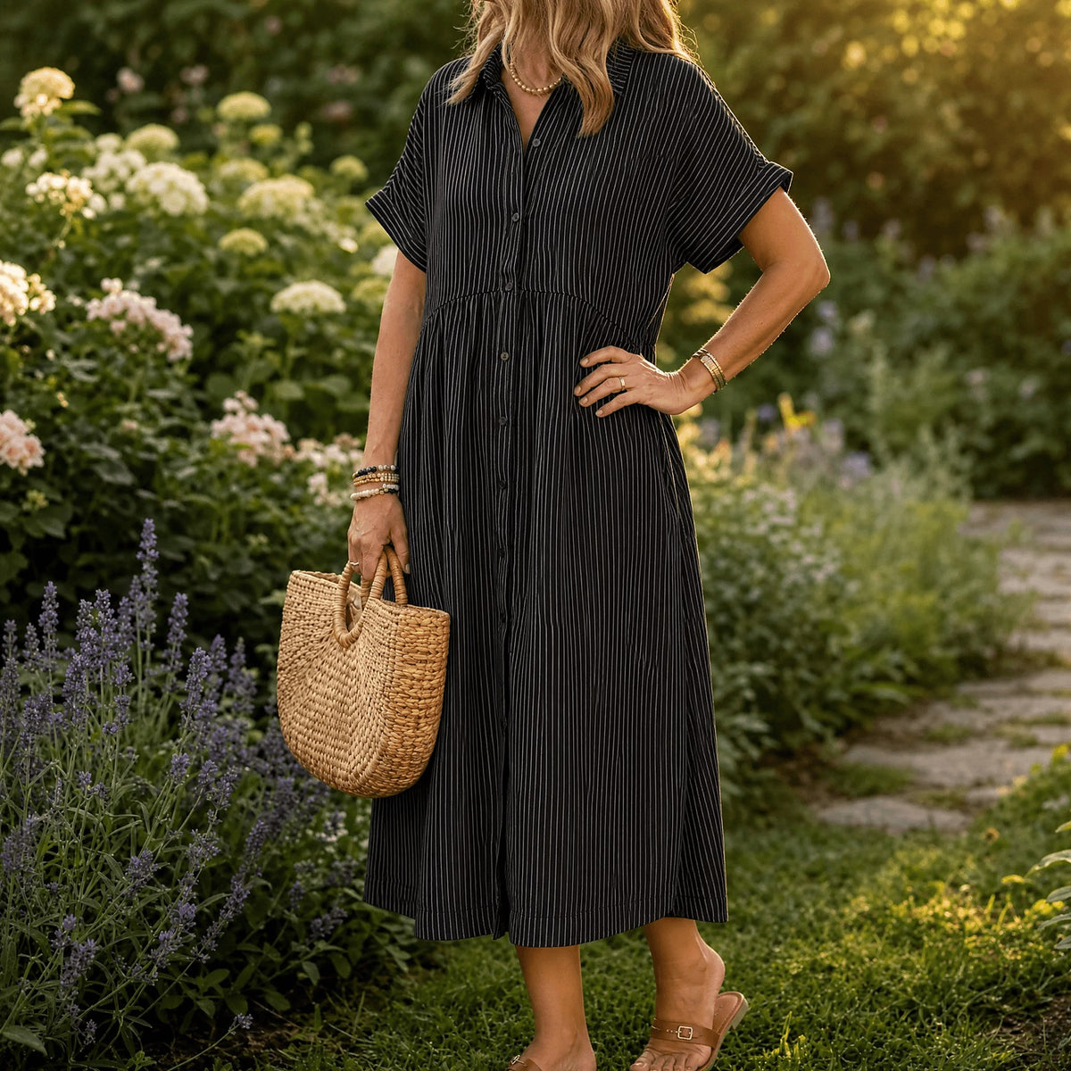 Women's Striped Midi Shirt Dress