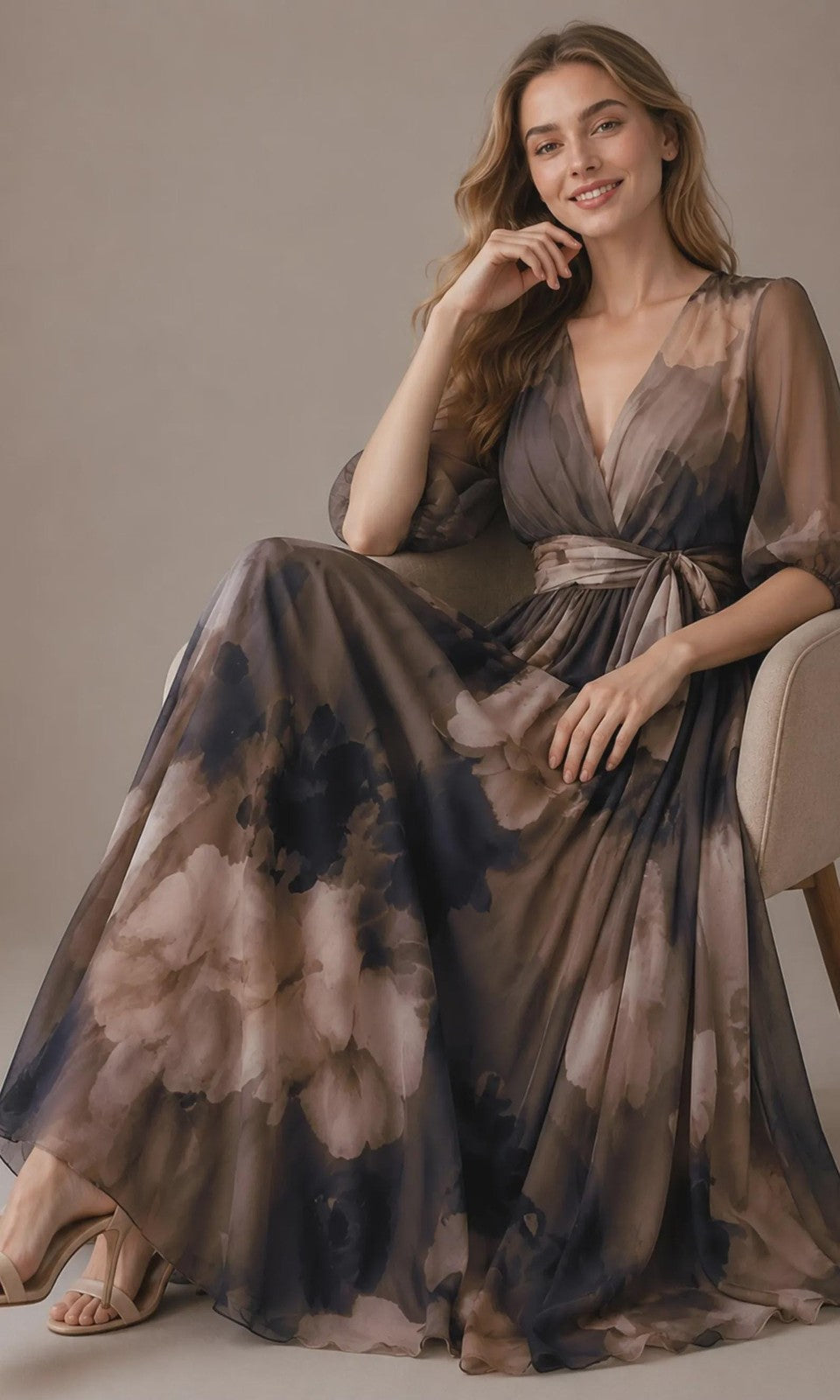Women's Vintage Neckline Floral Wrap Evening Dress