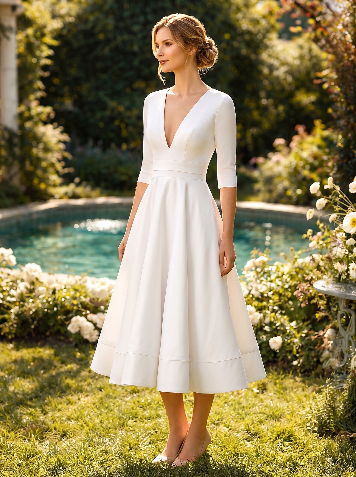 Women's Draped V Neck Midi Dress