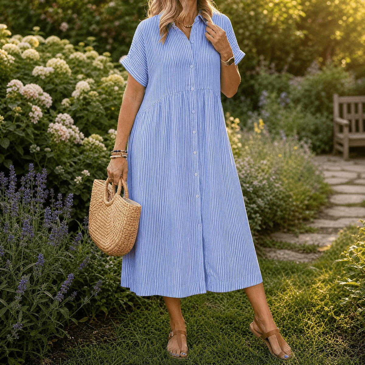 Women's Striped Midi Shirt Dress