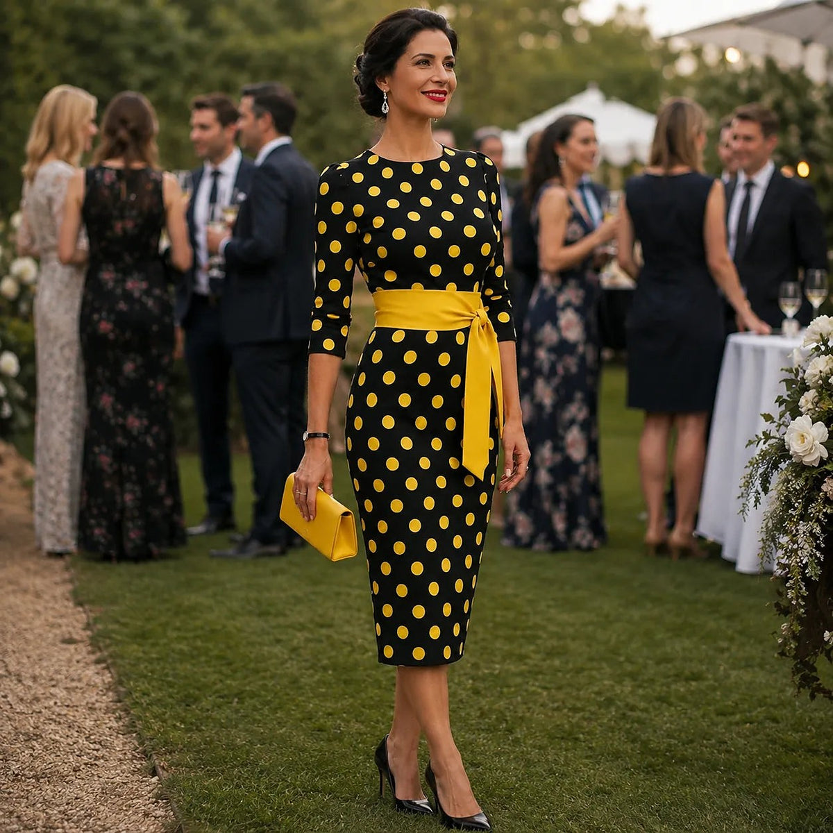 Women's Polka Dot Belted Midi Dress